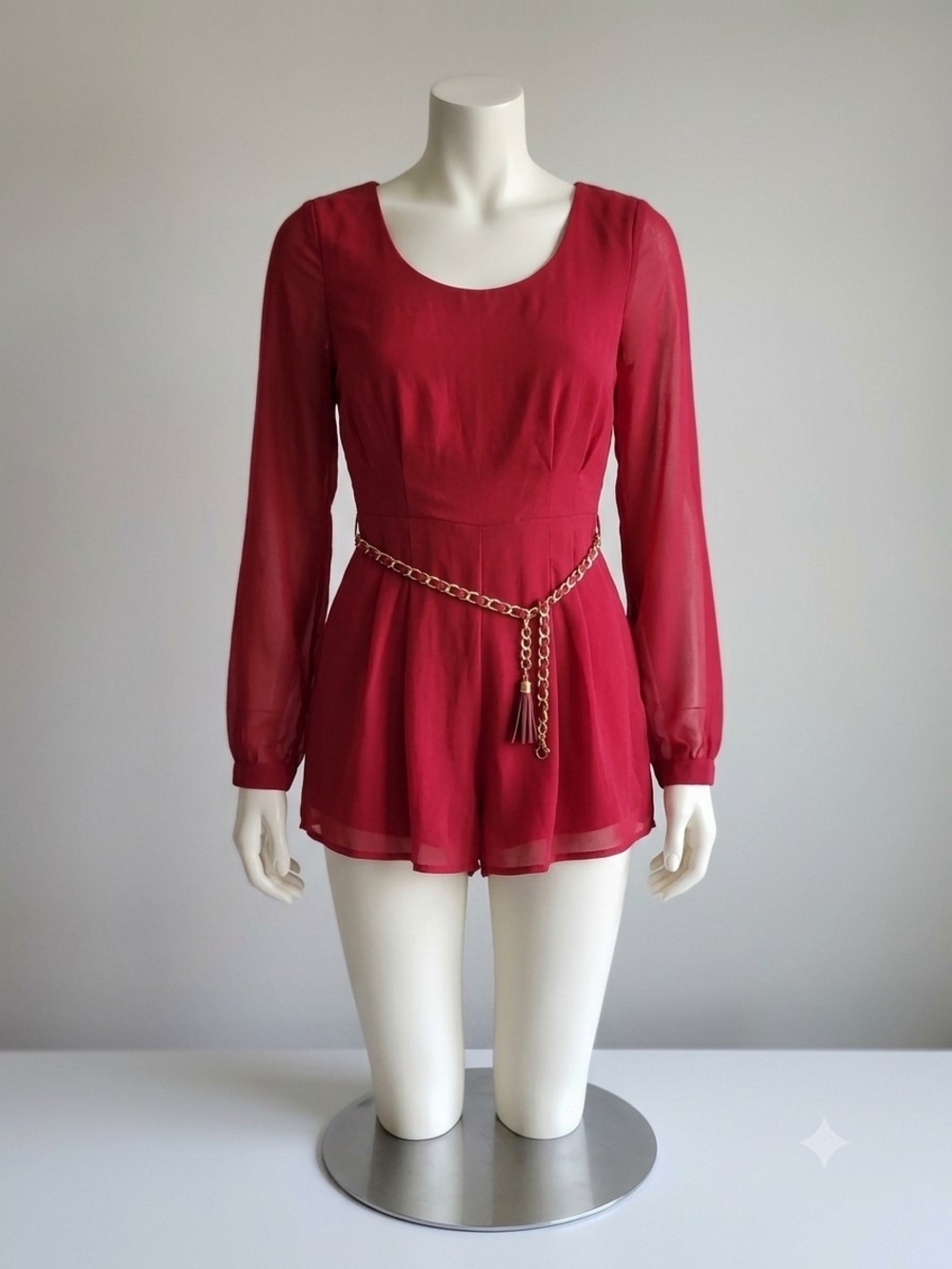 mine Red Chiffon Long-Sleeve Romper with Gold Chain Belt ( M ) Pre-owned